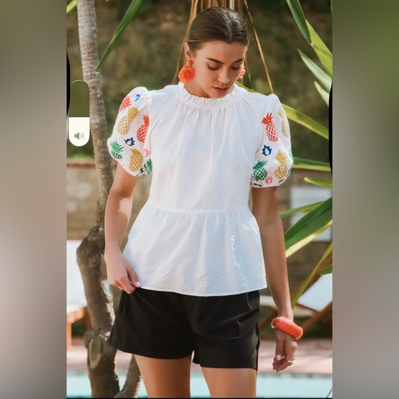 White textured fruit dolce pineapple ruffle bubble sleeve tunic top blouse - Picture 12 of 12